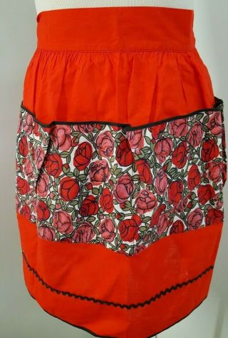 Vintage Half Apron Red Pockets Roses Rick Rack Trim Tie Back Handmade 998