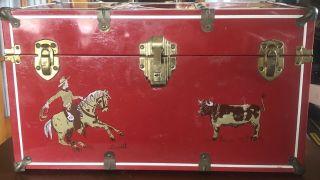 Vintage Mid Century Worcester T&s Red Cowboys Childs Boys Metal Trunk Toy Chest