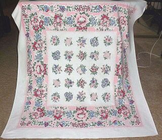 Charming Vintage 50’s Linen Kitchen Tablecloth With Floral Graphics (658)
