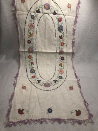 Vintage Linen Dresser Scarf Table Runner Hand - Embroidered Crocheted Edge 15x36