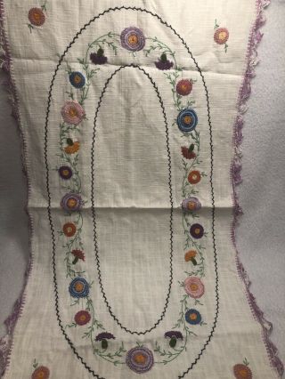 Vintage Linen DRESSER SCARF Table Runner Hand - Embroidered Crocheted Edge 15x36 2