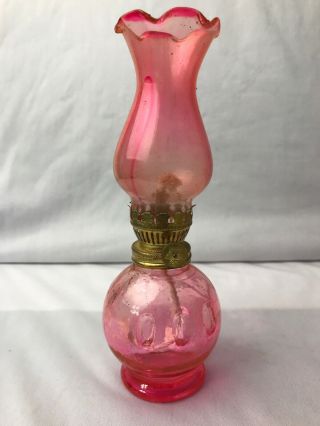 Vintage Pink Painted Glass Mini Oil Lamp W/chimney Carnival Fair Hong Kong 8 " H