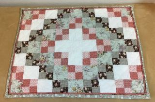 Patchwork Quilt Wall Hanging,  Four Patch,  Floral Calicos,  Brown,  Pink,  Green