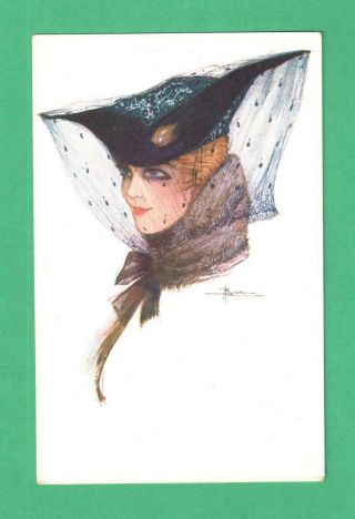Vintage Adolfo Busi Art Deco Postcard Lady Red Hair Veiled Hat