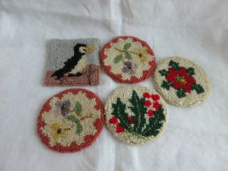 5 Vintage 100 Wool Handmade Needlepoint Coasters