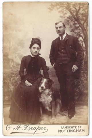 Cabinet Card Photograph Man & Lady With Pet Dog By Draper Of Nottingham