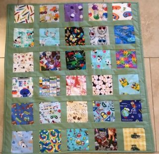 Patchwork Crib Quilt,  Hand Made,  One Patch,  Tied,  Various Prints,  Green,  Multi