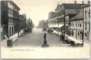 Salem,  Ohio Postcard " Broadway " Downtown Street Scene W/ Wctu Fountain C1900s