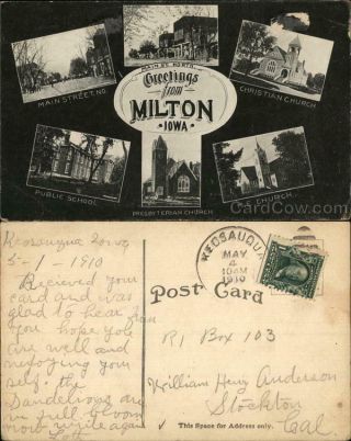 1910 Greetings From Milton,  Iowa Van Buren County Antique Postcard 1c Stamp