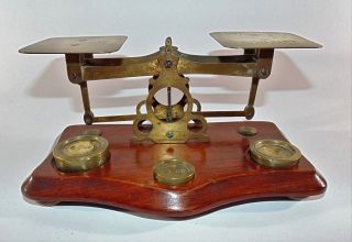 Charming Antique Brass Post Office / Postal Scales With Weights Wooden Base