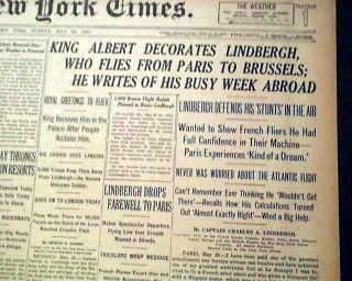 Charles Lindbergh Atlantic Ocean Solo Airplane Flight Success 1927 Old Newspaper