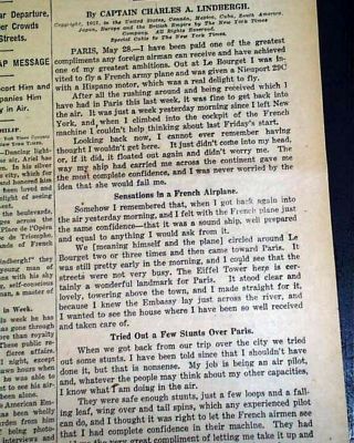 CHARLES LINDBERGH Atlantic Ocean Solo Airplane Flight SUCCESS 1927 Old Newspaper 2
