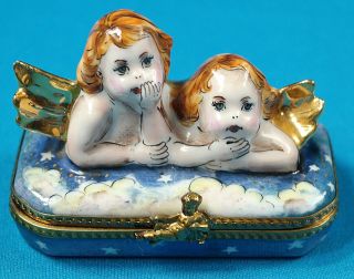 Vintage Limoges France Peint Main Rm Trinket Box " Two Angels "