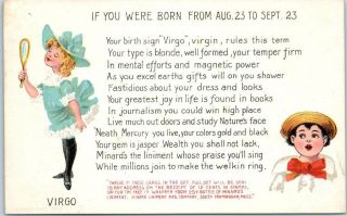 Vintage Astrology / Zodiac Postcard Virgo Aug 23 - Sept 23 1910s Minard Liniment