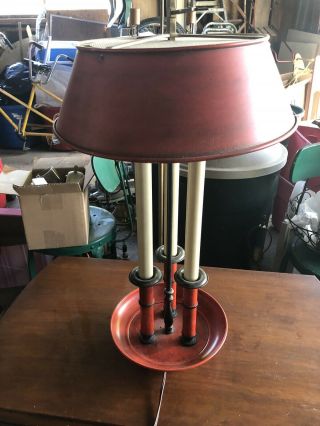 Vintage Red 3 - Arm Candlestick Bouillotte Desk Table Lamp W/tole Shade