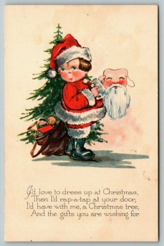 Christmas Charles Twelvetrees Boy In Santa Suit Holds Santa Mask Tree Gibson