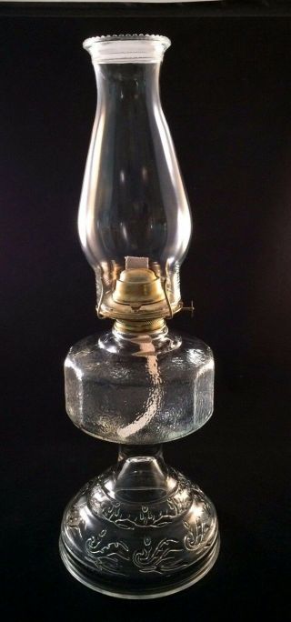 Vintage Large Clear Glass Hurricane Oil Lamp W/beaded Globe,  Eagle Burner & Wick