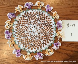 Dainty Vintage Crocheted Round Doily Variegated Flowers 9 "