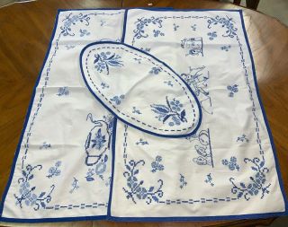 2 Vintage Hand Embroidered Tea Towel And 1 Dresser Scarf White And Blue