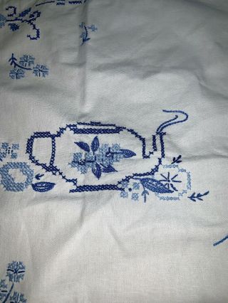 2 Vintage Hand Embroidered Tea Towel And 1 Dresser Scarf White and Blue 5