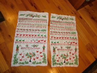 Twelve Days Of Christmas Vintage Kitchen Towel Pair W/ Gold Matte Mid Century