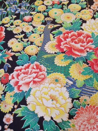 Vintage 60s/70s Fabric Black W/ Flowers Bird Round Tablecloth 68 " Handmade