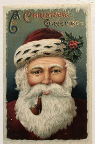Rare Full Face Santa Claus With Pipe Antique Embossed Christmas Postcard - C353