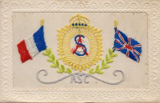 Army Service Corps: Military Badge: Ww1 Embroidered Silk Postcard