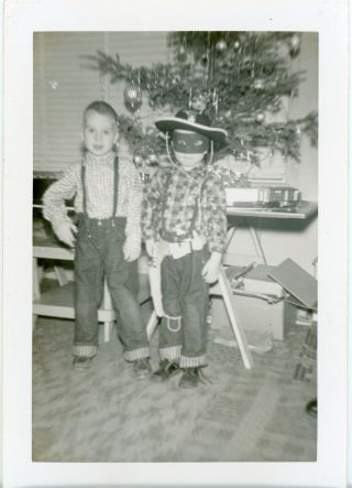 Vintage B/w Photo - Two Boys In Front Of The Christmas Tree - Lone Ranger