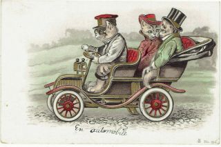 Artist Drawn Old Postcard Anthropomorphic Cats Riding In Vintage Car