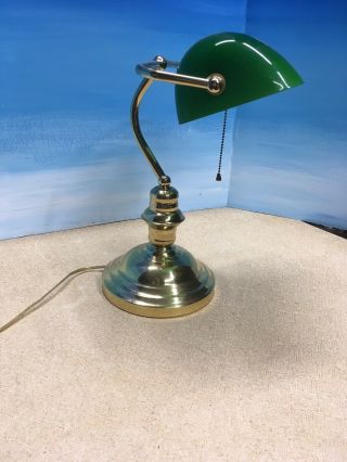 Bankers Lamp Emerald Green Glass Shade Brass Pull - Chain Desk Student Library