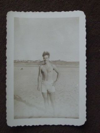 Shirtless Young Man In Swim Trunks On Beach,  Feet Fading Away Vtg 1940 