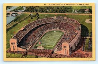 Postcard Oh Columbus Ohio State University Airview Football Stadium Linen R71
