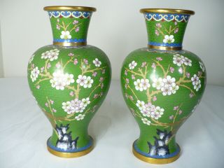 Antique Green Cloisonne Enamled Brass 10 Inch Vase Set - L@@k