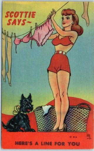 Vintage Pin - Up Girl Linen Postcard " Scottie Says Here 