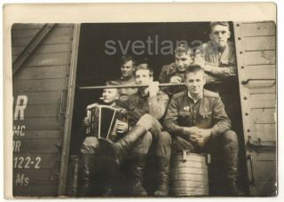 Military Train Soviet Soldiers Men Smoking Music Accordion Railway Vintage Photo