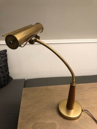 Vintage Retro Mid Century Gold With Wooden Danish Style Base Lamp