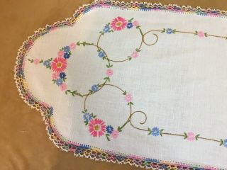 Vintage Dresser Scarf,  Embroidered Flowers & Leaves,  Very Light Beige,  Pink 3