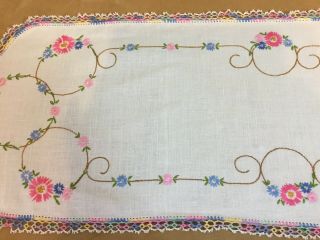 Vintage Dresser Scarf,  Embroidered Flowers & Leaves,  Very Light Beige,  Pink 4