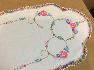 Vintage Dresser Scarf,  Embroidered Flowers & Leaves,  Very Light Beige,  Pink 5