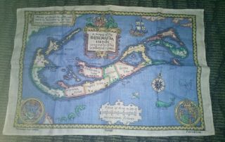 Vintage Bermuda Island Map Dunmoy Irish Linen Tea Towel Wall Art Vibrant Colors