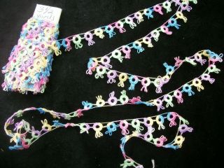 Vintage Tatted Lace Trim Varigated Yellow Green Purple Blue Pink 3.  5 Yards Cl157
