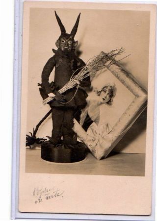 Real Photo Postcard Rppc - Krampus With Switch And Portrait Of Woman