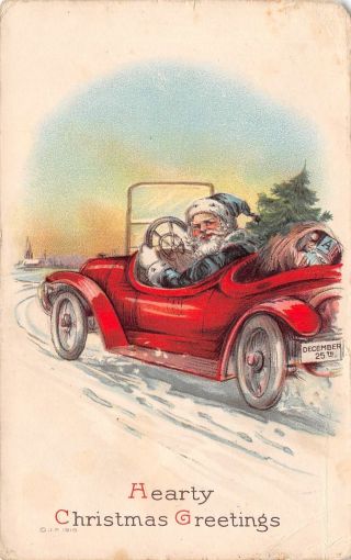 C20 - 2132,  Christmas Greetings,  Santa Claus In Dark Blue Suit, .  Driving Car