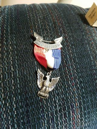 Vintage Sterling Silver Boy Scout - Be Prepared Eagle Scout Award Pin W/ribbon