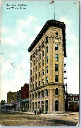 Fort Worth,  Texas Postcard Flat Iron Building Street View W/ 1911 Tx Cancel