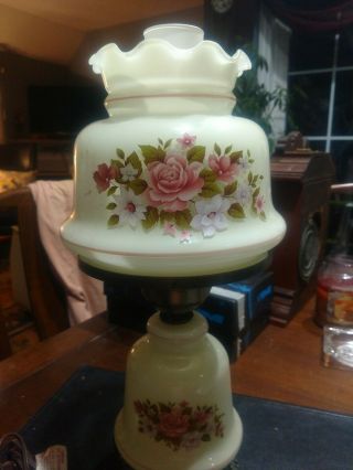 Vintage Hurricane Lamp Light Lantern,  Hand Painted Pink White Roses Shade Globe