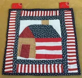 Patchwork Country Quilt Wall Hanging,  Schoolhouse,  Red,  White,  Navy Blue