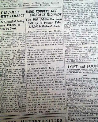 John Dillinger Gang Greencastle Indiana Bank Robbery Holdup 1933 Old Newspaper