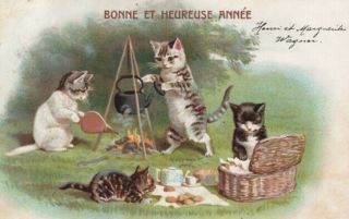 1902 Helena Maguire Cats Al Fresco Picnic Camp Fire Darling Litho Early Pc Gem